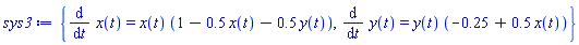 {diff(x(t), t) = x(t)*(1-.5*x(t)-.5*y(t)), diff(y(t), t) = y(t)*(-.25+.5*x(t))}