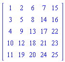 Matrix(5, 5, {(1, 1) = 1, (1, 2) = 2, (1, 3) = 6, (1, 4) = 7, (1, 5) = 15, (2, 1) = 3, (2, 2) = 5, (2, 3) = 8, (2, 4) = 14, (2, 5) = 16, (3, 1) = 4, (3, 2) = 9, (3, 3) = 13, (3, 4) = 17, (3, 5) = 22, (4, 1) = 10, (4, 2) = 12, (4, 3) = 18, (4, 4) = 21, (4, 5) = 23, (5, 1) = 11, (5, 2) = 19, (5, 3) = 20, (5, 4) = 24, (5, 5) = 25})