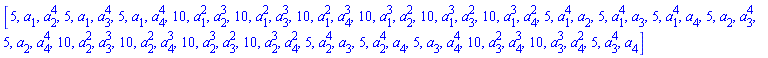 [5, a[1], a[2]^4, 5, a[1], a[3]^4, 5, a[1], a[4]^4, 10, a[1]^2, a[2]^3, 10, a[1]^2, a[3]^3, 10, a[1]^2, a[4]^3, 10, a[1]^3, a[2]^2, 10, a[1]^3, a[3]^2, 10, a[1]^3, a[4]^2, 5, a[1]^4, a[2], 5, a[1]^4, a[3], 5, a[1]^4, a[4], 5, a[2], a[3]^4, 5, a[2], a[4]^4, 10, a[2]^2, a[3]^3, 10, a[2]^2, a[4]^3, 10, a[2]^3, a[3]^2, 10, a[2]^3, a[4]^2, 5, a[2]^4, a[3], 5, a[2]^4, a[4], 5, a[3], a[4]^4, 10, a[3]^2, a[4]^3, 10, a[3]^3, a[4]^2, 5, a[3]^4, a[4]]