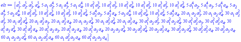 [a[1]^5, a[2]^5, a[3]^5, a[4]^5, 5*a[1]*a[2]^4, 5*a[1]*a[3]^4, 5*a[1]*a[4]^4, 10*a[1]^2*a[2]^3, 10*a[1]^2*a[3]^3, 10*a[1]^2*a[4]^3, 10*a[1]^3*a[2]^2, 10*a[1]^3*a[3]^2, 10*a[1]^3*a[4]^2, 5*a[1]^4*a[2], 5*a[1]^4*a[3], 5*a[1]^4*a[4], 5*a[2]*a[3]^4, 5*a[2]*a[4]^4, 10*a[2]^2*a[3]^3, 10*a[2]^2*a[4]^3, 10*a[2]^3*a[3]^2, 10*a[2]^3*a[4]^2, 5*a[2]^4*a[3], 5*a[2]^4*a[4], 5*a[3]*a[4]^4, 10*a[3]^2*a[4]^3, 10*a[3]^3*a[4]^2, 5*a[3]^4*a[4], 20*a[1]*a[2]*a[3]^3, 20*a[1]*a[2]*a[4]^3, 30*a[1]*a[2]^2*a[3]^2, 30*a[1]*a[2]^2*a[4]^2, 20*a[1]*a[2]^3*a[3], 20*a[1]*a[2]^3*a[4], 20*a[1]*a[3]*a[4]^3, 30*a[1]*a[3]^2*a[4]^2, 20*a[1]*a[3]^3*a[4], 30*a[1]^2*a[2]*a[3]^2, 30*a[1]^2*a[2]*a[4]^2, 30*a[1]^2*a[2]^2*a[3], 30*a[1]^2*a[2]^2*a[4], 30*a[1]^2*a[3]*a[4]^2, 30*a[1]^2*a[3]^2*a[4], 20*a[1]^3*a[2]*a[3], 20*a[1]^3*a[2]*a[4], 20*a[1]^3*a[3]*a[4], 20*a[2]*a[3]*a[4]^3, 30*a[2]*a[3]^2*a[4]^2, 20*a[2]*a[3]^3*a[4], 30*a[2]^2*a[3]*a[4]^2, 30*a[2]^2*a[3]^2*a[4], 20*a[2]^3*a[3]*a[4], 60*a[1]*a[2]*a[3]*a[4]^2, 60*a[1]*a[2]*a[3]^2*a[4], 60*a[1]*a[2]^2*a[3]*a[4], 60*a[1]^2*a[2]*a[3]*a[4]]