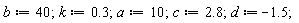 b := 40; k := .3; a := 10; c := 2.8; d := -1.5