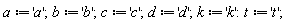 a := 'a'; b := 'b'; c := 'c'; d := 'd'; k := 'k'; t := 't'