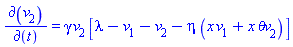 `&PartialD;`(v[2])/`&PartialD;`(t) = gamma*v[2]*[lambda-v[1]-v[2]-eta*(x*v[1]+x*`&theta;v`[2])]