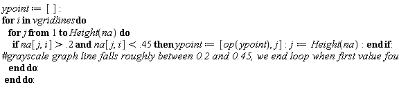 ypoint := []; for i in vgridlines do for j to Height(na) do if `and`(na[j, i] > .2, na[j, i] < .45) then ypoint := [op(ypoint), j]; j := Height(na) end if end do end do