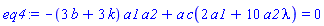 -(3*b+3*k)*a1*a2+a*c(2*a1+10*a2*lambda) = 0