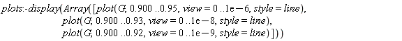 plots:-display(Array([plot(G, .900 .. .95, view = 0 .. 0.1e-5, style = line), plot(G, .900 .. .93, view = 0 .. 0.1e-7, style = line), plot(G, .900 .. .92, view = 0 .. 0.1e-8, style = line)]))