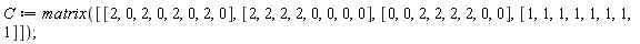 C := matrix([[2, 0, 2, 0, 2, 0, 2, 0], [2, 2, 2, 2, 0, 0, 0, 0], [0, 0, 2, 2, 2, 2, 0, 0], [1, 1, 1, 1, 1, 1, 1, 1]]);