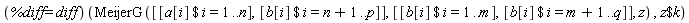 (%diff = diff)(MeijerG([[`$`(a[i], i = 1 .. n)], [`$`(b[i], i = n+1 .. p)]], [[`$`(b[i], i = 1 .. m)], [`$`(b[i], i = m+1 .. q)]], z), `$`(z, k))