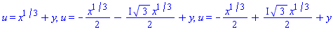 u(x, y) = x^(1/3)+y, u(x, y) = -(1/2)*x^(1/3)-((1/2)*I)*3^(1/2)*x^(1/3)+y, u(x, y) = -(1/2)*x^(1/3)+((1/2)*I)*3^(1/2)*x^(1/3)+y