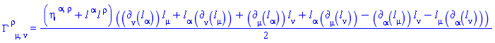 Physics:-Christoffel[`~rho`, mu, nu] = (1/2)*(eta[`~alpha`, `~rho`]+l[`~alpha`](X)*l[`~rho`](X))*(Physics:-d_[nu](l[alpha](X), [X])*l[mu](X)+l[alpha](X)*Physics:-d_[nu](l[mu](X), [X])+Physics:-d_[mu](l[alpha](X), [X])*l[nu](X)+l[alpha](X)*Physics:-d_[mu](l[nu](X), [X])-Physics:-d_[alpha](l[mu](X), [X])*l[nu](X)-l[mu](X)*Physics:-d_[alpha](l[nu](X), [X]))