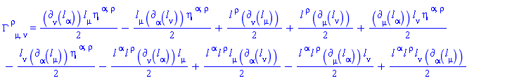 Physics:-Christoffel[`~rho`, mu, nu] = (1/2)*Physics:-d_[nu](l[alpha](X), [X])*l[mu](X)*eta[`~alpha`, `~rho`]-(1/2)*l[mu](X)*Physics:-d_[alpha](l[nu](X), [X])*eta[`~alpha`, `~rho`]+(1/2)*l[`~rho`](X)*Physics:-d_[nu](l[mu](X), [X])+(1/2)*l[`~rho`](X)*Physics:-d_[mu](l[nu](X), [X])+(1/2)*Physics:-d_[mu](l[alpha](X), [X])*l[nu](X)*eta[`~alpha`, `~rho`]-(1/2)*l[nu](X)*Physics:-d_[alpha](l[mu](X), [X])*eta[`~alpha`, `~rho`]-(1/2)*l[`~alpha`](X)*l[`~rho`](X)*Physics:-d_[nu](l[alpha](X), [X])*l[mu](X)+(1/2)*l[`~alpha`](X)*l[`~rho`](X)*l[mu](X)*Physics:-d_[alpha](l[nu](X), [X])-(1/2)*l[`~alpha`](X)*l[`~rho`](X)*Physics:-d_[mu](l[alpha](X), [X])*l[nu](X)+(1/2)*l[`~alpha`](X)*l[`~rho`](X)*l[nu](X)*Physics:-d_[alpha](l[mu](X), [X])