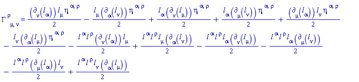 Physics:-Christoffel[`~rho`, mu, nu] = (1/2)*Physics:-d_[nu](l[alpha](X), [X])*l[mu](X)*eta[`~alpha`, `~rho`]-(1/2)*l[mu](X)*Physics:-d_[alpha](l[nu](X), [X])*eta[`~alpha`, `~rho`]+(1/2)*l[alpha](X)*Physics:-d_[nu](l[mu](X), [X])*eta[`~alpha`, `~rho`]+(1/2)*l[alpha](X)*Physics:-d_[mu](l[nu](X), [X])*eta[`~alpha`, `~rho`]+(1/2)*Physics:-d_[mu](l[alpha](X), [X])*l[nu](X)*eta[`~alpha`, `~rho`]-(1/2)*l[nu](X)*Physics:-d_[alpha](l[mu](X), [X])*eta[`~alpha`, `~rho`]-(1/2)*l[`~alpha`](X)*l[`~rho`](X)*Physics:-d_[nu](l[alpha](X), [X])*l[mu](X)+(1/2)*l[`~alpha`](X)*l[`~rho`](X)*l[mu](X)*Physics:-d_[alpha](l[nu](X), [X])-(1/2)*l[`~alpha`](X)*l[`~rho`](X)*l[alpha](X)*Physics:-d_[nu](l[mu](X), [X])-(1/2)*l[`~alpha`](X)*l[`~rho`](X)*l[alpha](X)*Physics:-d_[mu](l[nu](X), [X])-(1/2)*l[`~alpha`](X)*l[`~rho`](X)*Physics:-d_[mu](l[alpha](X), [X])*l[nu](X)+(1/2)*l[`~alpha`](X)*l[`~rho`](X)*l[nu](X)*Physics:-d_[alpha](l[mu](X), [X])