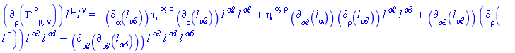 Physics:-d_[rho](Physics:-Christoffel[`~rho`, mu, nu], [X])*l[`~mu`](X)*l[`~nu`](X) = -Physics:-d_[alpha](l[alpha3](X), [X])*eta[`~alpha`, `~rho`]*Physics:-d_[rho](l[alpha2](X), [X])*l[`~alpha2`](X)*l[`~alpha3`](X)+eta[`~alpha`, `~rho`]*Physics:-d_[alpha2](l[alpha](X), [X])*Physics:-d_[rho](l[alpha3](X), [X])*l[`~alpha2`](X)*l[`~alpha3`](X)+Physics:-d_[alpha2](l[alpha3](X), [X])*Physics:-d_[rho](l[`~rho`](X), [X])*l[`~alpha2`](X)*l[`~alpha3`](X)+Physics:-d_[alpha2](Physics:-d_[alpha3](l[alpha6](X), [X]), [X])*l[`~alpha2`](X)*l[`~alpha3`](X)*l[`~alpha6`](X)