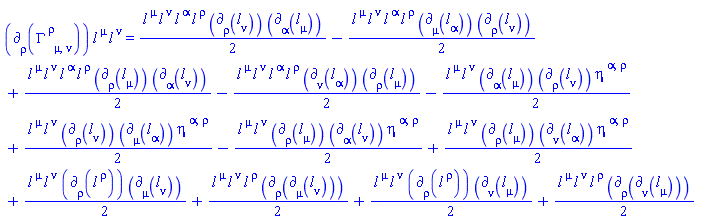 Physics:-d_[rho](Physics:-Christoffel[`~rho`, mu, nu], [X])*l[`~mu`](X)*l[`~nu`](X) = (1/2)*l[`~mu`](X)*l[`~nu`](X)*l[`~alpha`](X)*l[`~rho`](X)*Physics:-d_[rho](l[nu](X), [X])*Physics:-d_[alpha](l[mu](X), [X])-(1/2)*l[`~mu`](X)*l[`~nu`](X)*l[`~alpha`](X)*l[`~rho`](X)*Physics:-d_[mu](l[alpha](X), [X])*Physics:-d_[rho](l[nu](X), [X])+(1/2)*l[`~mu`](X)*l[`~nu`](X)*l[`~alpha`](X)*l[`~rho`](X)*Physics:-d_[rho](l[mu](X), [X])*Physics:-d_[alpha](l[nu](X), [X])-(1/2)*l[`~mu`](X)*l[`~nu`](X)*l[`~alpha`](X)*l[`~rho`](X)*Physics:-d_[nu](l[alpha](X), [X])*Physics:-d_[rho](l[mu](X), [X])-(1/2)*l[`~mu`](X)*l[`~nu`](X)*Physics:-d_[alpha](l[mu](X), [X])*Physics:-d_[rho](l[nu](X), [X])*eta[`~alpha`, `~rho`]+(1/2)*l[`~mu`](X)*l[`~nu`](X)*Physics:-d_[rho](l[nu](X), [X])*Physics:-d_[mu](l[alpha](X), [X])*eta[`~alpha`, `~rho`]-(1/2)*l[`~mu`](X)*l[`~nu`](X)*Physics:-d_[rho](l[mu](X), [X])*Physics:-d_[alpha](l[nu](X), [X])*eta[`~alpha`, `~rho`]+(1/2)*l[`~mu`](X)*l[`~nu`](X)*Physics:-d_[rho](l[mu](X), [X])*Physics:-d_[nu](l[alpha](X), [X])*eta[`~alpha`, `~rho`]+(1/2)*l[`~mu`](X)*l[`~nu`](X)*Physics:-d_[rho](l[`~rho`](X), [X])*Physics:-d_[mu](l[nu](X), [X])+(1/2)*l[`~mu`](X)*l[`~nu`](X)*l[`~rho`](X)*Physics:-d_[rho](Physics:-d_[mu](l[nu](X), [X]), [X])+(1/2)*l[`~mu`](X)*l[`~nu`](X)*Physics:-d_[rho](l[`~rho`](X), [X])*Physics:-d_[nu](l[mu](X), [X])+(1/2)*l[`~mu`](X)*l[`~nu`](X)*l[`~rho`](X)*Physics:-d_[rho](Physics:-d_[nu](l[mu](X), [X]), [X])