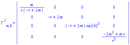 Physics:-Christoffel[`~1`, alpha, beta] = Matrix(%id = 18446744078160684686)
