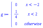 g := piecewise(x < -2, 0, x < 2, 1/4, 0)