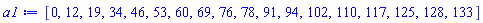 [0, 12, 19, 34, 46, 53, 60, 69, 76, 78, 91, 94, 102, 110, 117, 125, 128, 133]