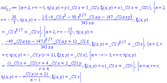 {n = 2, r = -5, eta(x, y) = y*(_C1*x+3*_C2), xi(x, y) = x*(_C1*x+_C2)}, {n = 2, r = -20/7, eta(x, y) = -(2/343)*(-6*_C1*x^2-98*x^(8/7)*_C1*a*y-147*_C2*a*x*y)/(x*a), xi(x, y) = _C1*x^(8/7)+_C2*x}, {n = 2, r = -15/7, eta(x, y) = -(1/343)*(-49*_C2*a*x*y-147*x^(6/7)*_C1*a*y+12*_C1*x)/(x*a), xi(x, y) = _C1*x^(6/7)+_C2*x}, {n = 2, r = r, eta(x, y) = -_C1*y*(r+2), xi(x, y) = _C1*x}, {n = -r-3, r = r, eta(x, y) = ((_C1*x+_C2)*r+4*_C1*x+2*_C2)*y/(r+4), xi(x, y) = x*(_C1*x+_C2)}, {n = n, r = r, eta(x, y) = -_C1*y*(r+2)/(n-1), xi(x, y) = _C1*x}