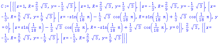 [{[x = 1, R = (2/3)*3^(1/2), y = -(1/3)*3^(1/2)], [x = 1, R = (2/3)*3^(1/2), y = (1/3)*3^(1/2)], [x = -1/3, R = (2/9)*3^(1/2), y = -(1/9)*3^(1/2)], [x = -1/3, R = (2/9)*3^(1/2), y = (1/9)*3^(1/2)], [x = -sin((1/18)*Pi)-(1/3)*3^(1/2)*cos((1/18)*Pi), R = sin((1/18)*Pi)+(1/3)*3^(1/2)*cos((1/18)*Pi), y = 0], [x = sin((1/18)*Pi)-(1/3)*3^(1/2)*cos((1/18)*Pi), R = -sin((1/18)*Pi)+(1/3)*3^(1/2)*cos((1/18)*Pi), y = 0]}, (2/9)*3^(1/2), {[x = -1/3, R = (2/9)*3^(1/2), y = -(1/9)*3^(1/2)], [x = -1/3, R = (2/9)*3^(1/2), y = (1/9)*3^(1/2)]}]
