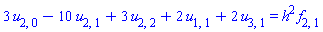 3*u[2, 0]-10*u[2, 1]+3*u[2, 2]+2*u[1, 1]+2*u[3, 1] = h^2*f[2, 1]