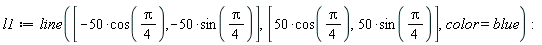 l1 := line([-50*cos((1/4)*Pi), -50*sin((1/4)*Pi)], [50*cos((1/4)*Pi), 50*sin((1/4)*Pi)], color = blue):
