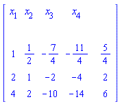 "[[[x[1],x[2],x[3],x[4],,],[,,,,,],[1,1/2,-7/4,-11/4,,5/4],[2,1,-2,-4,,2],[4,2,-10,-14,,6]]]"
