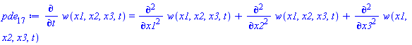 diff(w(x1, x2, x3, t), t) = diff(diff(w(x1, x2, x3, t), x1), x1)+diff(diff(w(x1, x2, x3, t), x2), x2)+diff(diff(w(x1, x2, x3, t), x3), x3)