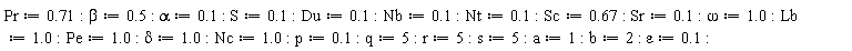 Pr := .71; beta := .5; alpha := .1; S := .1; Du := .1; Nb := .1; Nt := .1; Sc := .67; Sr := .1; omega := 1.0; Lb := 1.0; Pe := 1.0; delta := 1.0; Nc := 1.0; p := .1; q := 5; r := 5; s := 5; a := 1; b := 2; epsilon := .1
