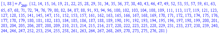 [1, 88] = P[266], {12, 14, 15, 16, 19, 21, 22, 25, 28, 29, 31, 34, 35, 36, 37, 38, 40, 43, 46, 47, 49, 52, 53, 55, 57, 59, 61, 63, 65, 67, 68, 71, 72, 74, 76, 79, 80, 82, 84, 87, 88, 91, 93, 94, 96, 100, 102, 103, 104, 108, 109, 111, 113, 117, 119, 121, 123, 127, 128, 135, 141, 145, 147, 151, 152, 153, 157, 161, 162, 163, 165, 166, 167, 168, 169, 170, 171, 172, 173, 174, 175, 176, 177, 178, 179, 180, 181, 182, 183, 184, 185, 186, 187, 188, 189, 190, 191, 192, 193, 194, 195, 196, 197, 198, 199, 200, 201, 203, 204, 205, 206, 207, 208, 209, 210, 213, 214, 215, 216, 217, 220, 222, 223, 225, 228, 229, 231, 233, 237, 238, 239, 240, 244, 246, 247, 252, 253, 254, 255, 258, 261, 263, 264, 267, 268, 269, 270, 273, 275, 276, 281}