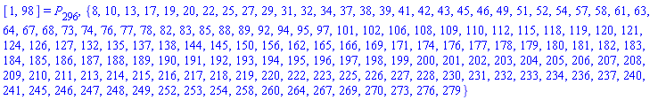 [1, 98] = P[296], {8, 10, 13, 17, 19, 20, 22, 25, 27, 29, 31, 32, 34, 37, 38, 39, 41, 42, 43, 45, 46, 49, 51, 52, 54, 57, 58, 61, 63, 64, 67, 68, 73, 74, 76, 77, 78, 82, 83, 85, 88, 89, 92, 94, 95, 97, 101, 102, 106, 108, 109, 110, 112, 115, 118, 119, 120, 121, 124, 126, 127, 132, 135, 137, 138, 144, 145, 150, 156, 162, 165, 166, 169, 171, 174, 176, 177, 178, 179, 180, 181, 182, 183, 184, 185, 186, 187, 188, 189, 190, 191, 192, 193, 194, 195, 196, 197, 198, 199, 200, 201, 202, 203, 204, 205, 206, 207, 208, 209, 210, 211, 213, 214, 215, 216, 217, 218, 219, 220, 222, 223, 225, 226, 227, 228, 230, 231, 232, 233, 234, 236, 237, 240, 241, 245, 246, 247, 248, 249, 252, 253, 254, 258, 260, 264, 267, 269, 270, 273, 276, 279}
