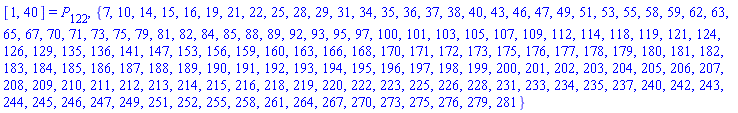 [1, 40] = P[122], {7, 10, 14, 15, 16, 19, 21, 22, 25, 28, 29, 31, 34, 35, 36, 37, 38, 40, 43, 46, 47, 49, 51, 53, 55, 58, 59, 62, 63, 65, 67, 70, 71, 73, 75, 79, 81, 82, 84, 85, 88, 89, 92, 93, 95, 97, 100, 101, 103, 105, 107, 109, 112, 114, 118, 119, 121, 124, 126, 129, 135, 136, 141, 147, 153, 156, 159, 160, 163, 166, 168, 170, 171, 172, 173, 175, 176, 177, 178, 179, 180, 181, 182, 183, 184, 185, 186, 187, 188, 189, 190, 191, 192, 193, 194, 195, 196, 197, 198, 199, 200, 201, 202, 203, 204, 205, 206, 207, 208, 209, 210, 211, 212, 213, 214, 215, 216, 218, 219, 220, 222, 223, 225, 226, 228, 231, 233, 234, 235, 237, 240, 242, 243, 244, 245, 246, 247, 249, 251, 252, 255, 258, 261, 264, 267, 270, 273, 275, 276, 279, 281}