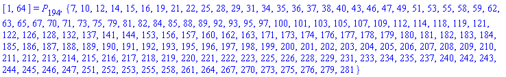 [1, 64] = P[194], {7, 10, 12, 14, 15, 16, 19, 21, 22, 25, 28, 29, 31, 34, 35, 36, 37, 38, 40, 43, 46, 47, 49, 51, 53, 55, 58, 59, 62, 63, 65, 67, 70, 71, 73, 75, 79, 81, 82, 84, 85, 88, 89, 92, 93, 95, 97, 100, 101, 103, 105, 107, 109, 112, 114, 118, 119, 121, 122, 126, 128, 132, 137, 141, 144, 153, 156, 157, 160, 162, 163, 171, 173, 174, 176, 177, 178, 179, 180, 181, 182, 183, 184, 185, 186, 187, 188, 189, 190, 191, 192, 193, 195, 196, 197, 198, 199, 200, 201, 202, 203, 204, 205, 206, 207, 208, 209, 210, 211, 212, 213, 214, 215, 216, 217, 218, 219, 220, 221, 222, 223, 225, 226, 228, 229, 231, 233, 234, 235, 237, 240, 242, 243, 244, 245, 246, 247, 251, 252, 253, 255, 258, 261, 264, 267, 270, 273, 275, 276, 279, 281}