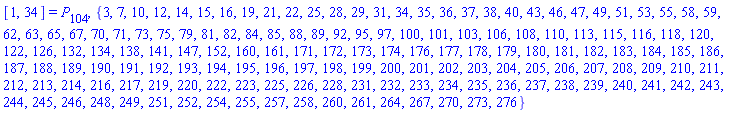 [1, 34] = P[104], {3, 7, 10, 12, 14, 15, 16, 19, 21, 22, 25, 28, 29, 31, 34, 35, 36, 37, 38, 40, 43, 46, 47, 49, 51, 53, 55, 58, 59, 62, 63, 65, 67, 70, 71, 73, 75, 79, 81, 82, 84, 85, 88, 89, 92, 95, 97, 100, 101, 103, 106, 108, 110, 113, 115, 116, 118, 120, 122, 126, 132, 134, 138, 141, 147, 152, 160, 161, 171, 172, 173, 174, 176, 177, 178, 179, 180, 181, 182, 183, 184, 185, 186, 187, 188, 189, 190, 191, 192, 193, 194, 195, 196, 197, 198, 199, 200, 201, 202, 203, 204, 205, 206, 207, 208, 209, 210, 211, 212, 213, 214, 216, 217, 219, 220, 222, 223, 225, 226, 228, 231, 232, 233, 234, 235, 236, 237, 238, 239, 240, 241, 242, 243, 244, 245, 246, 248, 249, 251, 252, 254, 255, 257, 258, 260, 261, 264, 267, 270, 273, 276}