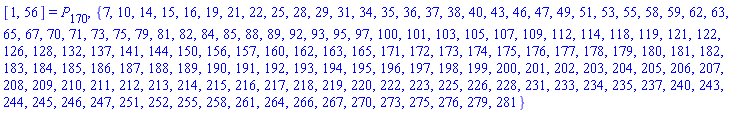 [1, 56] = P[170], {7, 10, 14, 15, 16, 19, 21, 22, 25, 28, 29, 31, 34, 35, 36, 37, 38, 40, 43, 46, 47, 49, 51, 53, 55, 58, 59, 62, 63, 65, 67, 70, 71, 73, 75, 79, 81, 82, 84, 85, 88, 89, 92, 93, 95, 97, 100, 101, 103, 105, 107, 109, 112, 114, 118, 119, 121, 122, 126, 128, 132, 137, 141, 144, 150, 156, 157, 160, 162, 163, 165, 171, 172, 173, 174, 175, 176, 177, 178, 179, 180, 181, 182, 183, 184, 185, 186, 187, 188, 189, 190, 191, 192, 193, 194, 195, 196, 197, 198, 199, 200, 201, 202, 203, 204, 205, 206, 207, 208, 209, 210, 211, 212, 213, 214, 215, 216, 217, 218, 219, 220, 222, 223, 225, 226, 228, 231, 233, 234, 235, 237, 240, 243, 244, 245, 246, 247, 251, 252, 255, 258, 261, 264, 266, 267, 270, 273, 275, 276, 279, 281}