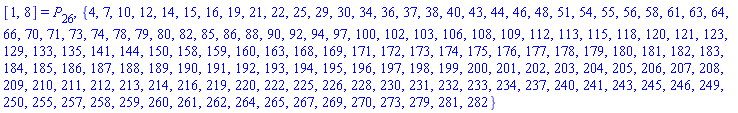 [1, 8] = P[26], {4, 7, 10, 12, 14, 15, 16, 19, 21, 22, 25, 29, 30, 34, 36, 37, 38, 40, 43, 44, 46, 48, 51, 54, 55, 56, 58, 61, 63, 64, 66, 70, 71, 73, 74, 78, 79, 80, 82, 85, 86, 88, 90, 92, 94, 97, 100, 102, 103, 106, 108, 109, 112, 113, 115, 118, 120, 121, 123, 129, 133, 135, 141, 144, 150, 158, 159, 160, 163, 168, 169, 171, 172, 173, 174, 175, 176, 177, 178, 179, 180, 181, 182, 183, 184, 185, 186, 187, 188, 189, 190, 191, 192, 193, 194, 195, 196, 197, 198, 199, 200, 201, 202, 203, 204, 205, 206, 207, 208, 209, 210, 211, 212, 213, 214, 216, 219, 220, 222, 225, 226, 228, 230, 231, 232, 233, 234, 237, 240, 241, 243, 245, 246, 249, 250, 255, 257, 258, 259, 260, 261, 262, 264, 265, 267, 269, 270, 273, 279, 281, 282}