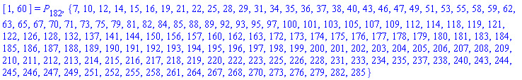 [1, 60] = P[182], {7, 10, 12, 14, 15, 16, 19, 21, 22, 25, 28, 29, 31, 34, 35, 36, 37, 38, 40, 43, 46, 47, 49, 51, 53, 55, 58, 59, 62, 63, 65, 67, 70, 71, 73, 75, 79, 81, 82, 84, 85, 88, 89, 92, 93, 95, 97, 100, 101, 103, 105, 107, 109, 112, 114, 118, 119, 121, 122, 126, 128, 132, 137, 141, 144, 150, 156, 157, 160, 162, 163, 172, 173, 174, 175, 176, 177, 178, 179, 180, 181, 183, 184, 185, 186, 187, 188, 189, 190, 191, 192, 193, 194, 195, 196, 197, 198, 199, 200, 201, 202, 203, 204, 205, 206, 207, 208, 209, 210, 211, 212, 213, 214, 215, 216, 217, 218, 219, 220, 222, 223, 225, 226, 228, 231, 233, 234, 235, 237, 238, 240, 243, 244, 245, 246, 247, 249, 251, 252, 255, 258, 261, 264, 267, 268, 270, 273, 276, 279, 282, 285}