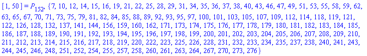 [1, 50] = P[152], {7, 10, 12, 14, 15, 16, 19, 21, 22, 25, 28, 29, 31, 34, 35, 36, 37, 38, 40, 43, 46, 47, 49, 51, 53, 55, 58, 59, 62, 63, 65, 67, 70, 71, 73, 75, 79, 81, 82, 84, 85, 88, 89, 92, 93, 95, 97, 100, 101, 103, 105, 107, 109, 112, 114, 118, 119, 121, 122, 126, 128, 132, 137, 141, 144, 156, 159, 160, 162, 171, 173, 174, 175, 176, 177, 178, 179, 180, 181, 182, 183, 184, 185, 186, 187, 188, 189, 190, 191, 192, 193, 194, 195, 196, 197, 198, 199, 200, 201, 202, 203, 204, 205, 206, 207, 208, 209, 210, 211, 212, 213, 214, 215, 216, 217, 218, 219, 220, 222, 223, 225, 226, 228, 231, 232, 233, 234, 235, 237, 238, 240, 241, 243, 244, 245, 246, 248, 251, 252, 254, 255, 257, 258, 260, 261, 263, 264, 267, 270, 273, 276}