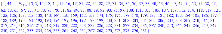 [1, 44] = P[134], {3, 7, 10, 12, 14, 15, 16, 19, 21, 22, 25, 28, 29, 31, 34, 35, 36, 37, 38, 40, 43, 46, 47, 49, 51, 53, 55, 58, 59, 62, 63, 65, 67, 70, 71, 73, 75, 79, 81, 82, 84, 85, 88, 89, 92, 93, 95, 97, 100, 101, 103, 105, 107, 109, 112, 114, 118, 119, 121, 122, 126, 128, 132, 138, 140, 144, 150, 159, 162, 168, 174, 175, 176, 177, 178, 179, 180, 181, 182, 183, 184, 185, 186, 187, 188, 189, 190, 191, 192, 193, 194, 195, 196, 197, 198, 199, 200, 201, 202, 203, 204, 205, 206, 207, 208, 209, 210, 211, 212, 213, 214, 215, 216, 217, 218, 219, 220, 222, 223, 225, 226, 228, 231, 233, 234, 235, 237, 240, 243, 244, 245, 246, 247, 249, 250, 251, 252, 253, 255, 256, 258, 261, 262, 264, 267, 268, 270, 273, 275, 276, 281}