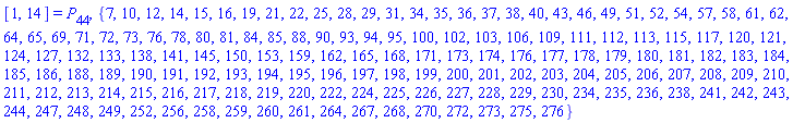 [1, 14] = P[44], {7, 10, 12, 14, 15, 16, 19, 21, 22, 25, 28, 29, 31, 34, 35, 36, 37, 38, 40, 43, 46, 49, 51, 52, 54, 57, 58, 61, 62, 64, 65, 69, 71, 72, 73, 76, 78, 80, 81, 84, 85, 88, 90, 93, 94, 95, 100, 102, 103, 106, 109, 111, 112, 113, 115, 117, 120, 121, 124, 127, 132, 133, 138, 141, 145, 150, 153, 159, 162, 165, 168, 171, 173, 174, 176, 177, 178, 179, 180, 181, 182, 183, 184, 185, 186, 188, 189, 190, 191, 192, 193, 194, 195, 196, 197, 198, 199, 200, 201, 202, 203, 204, 205, 206, 207, 208, 209, 210, 211, 212, 213, 214, 215, 216, 217, 218, 219, 220, 222, 224, 225, 226, 227, 228, 229, 230, 234, 235, 236, 238, 241, 242, 243, 244, 247, 248, 249, 252, 256, 258, 259, 260, 261, 264, 267, 268, 270, 272, 273, 275, 276}
