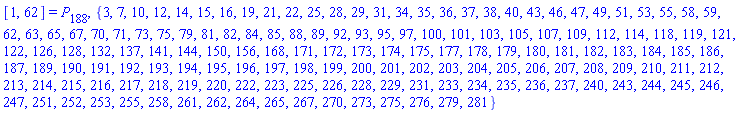 [1, 62] = P[188], {3, 7, 10, 12, 14, 15, 16, 19, 21, 22, 25, 28, 29, 31, 34, 35, 36, 37, 38, 40, 43, 46, 47, 49, 51, 53, 55, 58, 59, 62, 63, 65, 67, 70, 71, 73, 75, 79, 81, 82, 84, 85, 88, 89, 92, 93, 95, 97, 100, 101, 103, 105, 107, 109, 112, 114, 118, 119, 121, 122, 126, 128, 132, 137, 141, 144, 150, 156, 168, 171, 172, 173, 174, 175, 177, 178, 179, 180, 181, 182, 183, 184, 185, 186, 187, 189, 190, 191, 192, 193, 194, 195, 196, 197, 198, 199, 200, 201, 202, 203, 204, 205, 206, 207, 208, 209, 210, 211, 212, 213, 214, 215, 216, 217, 218, 219, 220, 222, 223, 225, 226, 228, 229, 231, 233, 234, 235, 236, 237, 240, 243, 244, 245, 246, 247, 251, 252, 253, 255, 258, 261, 262, 264, 265, 267, 270, 273, 275, 276, 279, 281}