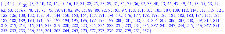 [1, 42] = P[128], {3, 7, 10, 12, 14, 15, 16, 19, 21, 22, 25, 28, 29, 31, 34, 35, 36, 37, 38, 40, 43, 46, 47, 49, 51, 53, 55, 58, 59, 62, 63, 65, 67, 70, 71, 73, 75, 79, 81, 82, 84, 85, 88, 89, 92, 93, 95, 97, 100, 101, 103, 105, 107, 109, 112, 114, 118, 119, 121, 122, 126, 130, 132, 138, 143, 144, 150, 153, 154, 157, 171, 174, 175, 176, 177, 178, 179, 180, 181, 182, 183, 184, 185, 186, 187, 188, 189, 190, 191, 192, 193, 194, 195, 196, 197, 198, 199, 200, 201, 202, 203, 204, 205, 206, 207, 208, 209, 210, 211, 212, 213, 214, 215, 216, 218, 219, 220, 222, 223, 225, 226, 228, 231, 233, 234, 235, 237, 240, 243, 244, 245, 246, 247, 251, 252, 253, 255, 256, 258, 261, 262, 264, 267, 270, 272, 273, 276, 278, 279, 281, 282}
