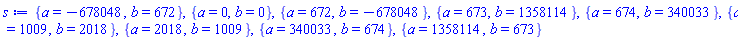 {a = -678048, b = 672}, {a = 0, b = 0}, {a = 672, b = -678048}, {a = 673, b = 1358114}, {a = 674, b = 340033}, {a = 1009, b = 2018}, {a = 2018, b = 1009}, {a = 340033, b = 674}, {a = 1358114, b = 673}