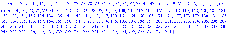 [1, 36] = P[110], {10, 14, 15, 16, 19, 21, 22, 25, 28, 29, 31, 34, 35, 36, 37, 38, 40, 43, 46, 47, 49, 51, 53, 55, 58, 59, 62, 63, 65, 67, 70, 71, 73, 75, 79, 81, 82, 84, 85, 88, 89, 92, 93, 95, 97, 100, 101, 103, 105, 107, 109, 112, 117, 118, 120, 121, 124, 125, 129, 134, 135, 136, 138, 139, 141, 142, 144, 145, 147, 150, 151, 154, 156, 162, 171, 176, 177, 178, 179, 180, 181, 182, 183, 184, 185, 186, 187, 188, 189, 190, 191, 192, 193, 194, 195, 196, 197, 198, 199, 200, 201, 202, 203, 204, 205, 206, 207, 208, 209, 210, 211, 212, 213, 214, 215, 216, 218, 219, 220, 221, 222, 223, 225, 226, 227, 228, 231, 233, 234, 235, 237, 240, 243, 244, 245, 246, 247, 251, 252, 253, 255, 258, 261, 264, 267, 270, 273, 275, 276, 279, 281}