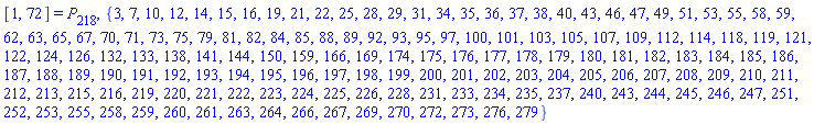 [1, 72] = P[218], {3, 7, 10, 12, 14, 15, 16, 19, 21, 22, 25, 28, 29, 31, 34, 35, 36, 37, 38, 40, 43, 46, 47, 49, 51, 53, 55, 58, 59, 62, 63, 65, 67, 70, 71, 73, 75, 79, 81, 82, 84, 85, 88, 89, 92, 93, 95, 97, 100, 101, 103, 105, 107, 109, 112, 114, 118, 119, 121, 122, 124, 126, 132, 133, 138, 141, 144, 150, 159, 166, 169, 174, 175, 176, 177, 178, 179, 180, 181, 182, 183, 184, 185, 186, 187, 188, 189, 190, 191, 192, 193, 194, 195, 196, 197, 198, 199, 200, 201, 202, 203, 204, 205, 206, 207, 208, 209, 210, 211, 212, 213, 215, 216, 219, 220, 221, 222, 223, 224, 225, 226, 228, 231, 233, 234, 235, 237, 240, 243, 244, 245, 246, 247, 251, 252, 253, 255, 258, 259, 260, 261, 263, 264, 266, 267, 269, 270, 272, 273, 276, 279}
