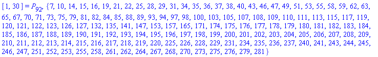 [1, 30] = P[92], {7, 10, 14, 15, 16, 19, 21, 22, 25, 28, 29, 31, 34, 35, 36, 37, 38, 40, 43, 46, 47, 49, 51, 53, 55, 58, 59, 62, 63, 65, 67, 70, 71, 73, 75, 79, 81, 82, 84, 85, 88, 89, 93, 94, 97, 98, 100, 103, 105, 107, 108, 109, 110, 111, 113, 115, 117, 119, 120, 121, 122, 123, 126, 127, 132, 135, 141, 147, 153, 157, 165, 171, 174, 175, 176, 177, 178, 179, 180, 181, 182, 183, 184, 185, 186, 187, 188, 189, 190, 191, 192, 193, 194, 195, 196, 197, 198, 199, 200, 201, 202, 203, 204, 205, 206, 207, 208, 209, 210, 211, 212, 213, 214, 215, 216, 217, 218, 219, 220, 225, 226, 228, 229, 231, 234, 235, 236, 237, 240, 241, 243, 244, 245, 246, 247, 251, 252, 253, 255, 258, 261, 262, 264, 267, 268, 270, 273, 275, 276, 279, 281}