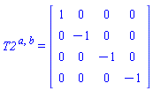 T2[`~a`, `~b`] = (Matrix(4, 4, {(1, 1) = 1, (1, 2) = 0, (1, 3) = 0, (1, 4) = 0, (2, 1) = 0, (2, 2) = -1, (2, 3) = 0, (2, 4) = 0, (3, 1) = 0, (3, 2) = 0, (3, 3) = -1, (3, 4) = 0, (4, 1) = 0, (4, 2) = 0, (4, 3) = 0, (4, 4) = -1}))