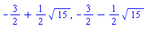 -3/2+(1/2)*15^(1/2), -3/2-(1/2)*15^(1/2)