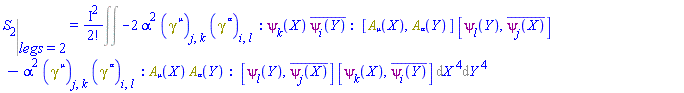 %eval(S[2], legs = 2) = %FeynmanIntegral(-2*alpha^2*Physics:-Dgamma[`~mu`][j, k]*Physics:-Dgamma[`~alpha`][i, l]*_GF(_NP(psi[k](X), conjugate(psi[i](Y))), [[A[mu](X), A[alpha](Y)], [psi[l](Y), conjugate(psi[j](X))]])-alpha^2*Physics:-Dgamma[`~mu`][j, k]*Physics:-Dgamma[`~alpha`][i, l]*_GF(_NP(A[mu](X), A[alpha](Y)), [[psi[l](Y), conjugate(psi[j](X))], [psi[k](X), conjugate(psi[i](Y))]]), [[X], [Y]])