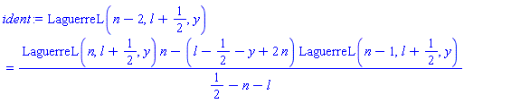 LaguerreL(n-2, l+1/2, y) = (LaguerreL(n, l+1/2, y)*n-(l-1/2-y+2*n)*LaguerreL(n-1, l+1/2, y))/(1/2-n-l)