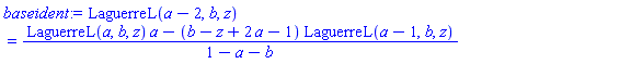 LaguerreL(a-2, b, z) = (LaguerreL(a, b, z)*a-(b-z+2*a-1)*LaguerreL(a-1, b, z))/(1-a-b)